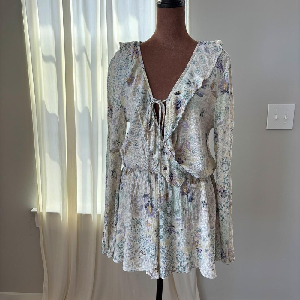 Beachy Pastel Floral Romper Ruffle Trim Small Coastal Grandma Cottage Chic Y2K